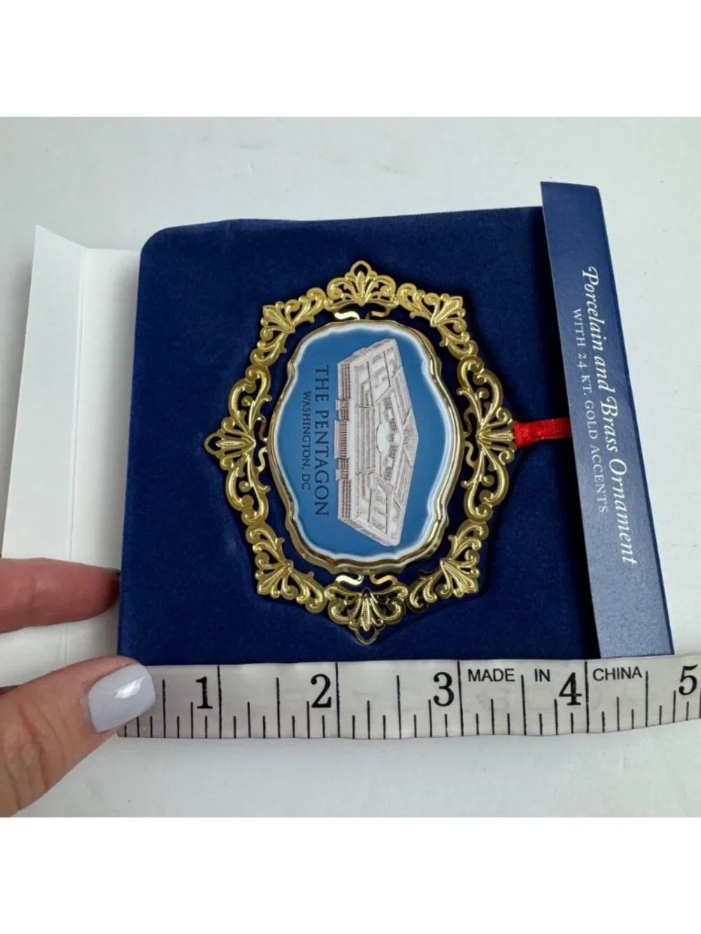 The Pentagon NIB Porcelain Brass Ornament 2013 Fort America 24 KT Gold Accents